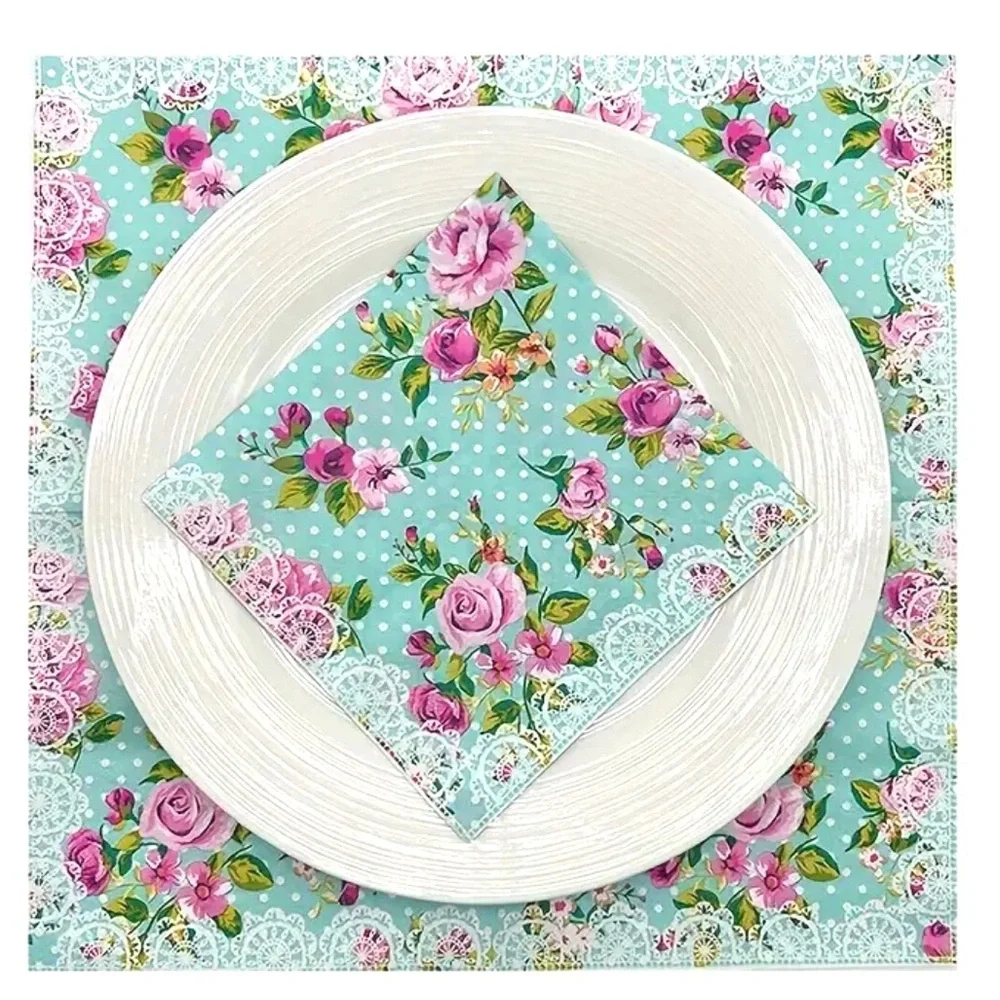 Rose Pink Floral with Faux Lace Border Luncheon Napkins, 20 ct